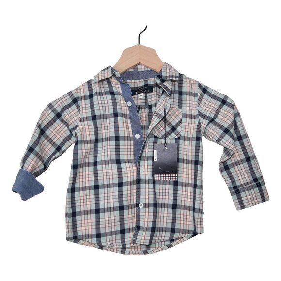 Ben Sherman Toddler Button Up Shirt 24M Blue White Red Plaid Long Sleeve Mod - Picture 1 of 6
